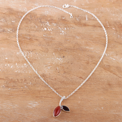 Carnelian and garnet pendant necklace, 'Romance Leaf' - Leafy Pendant Necklace with Carnelian and Garnet Jewels