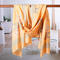 Wool and silk blend shawl, 'Blissful Blossoms' - Floral Embroidered Orange Wool and Silk Blend Shawl