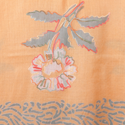 Wool and silk blend shawl, 'Blissful Blossoms' - Floral Embroidered Orange Wool and Silk Blend Shawl