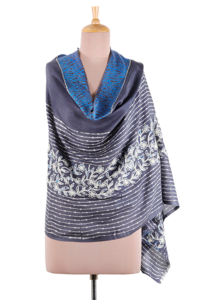 Wool and silk blend shawl, 'Kashmir's Azure Glory' - Embroidered and Printed Azure Wool and Silk Blend Shawl