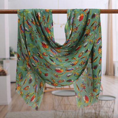 Wool and silk blend shawl, 'Jade Garden Fantasy' - Printed Jade Wool and Silk Blend Shawl with Colorful Details