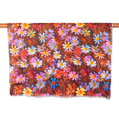 Wool and silk blend shawl, 'Kashmir Flora' - Floral Printed Wool and Silk Blend Shawl in Brown Base Hue