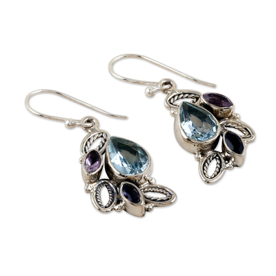 Multi-gemstone dangle earrings, 'Dazzling Glare' - Leafy Multi-Gemstone Dangle Earrings with Five-Carat Jewels