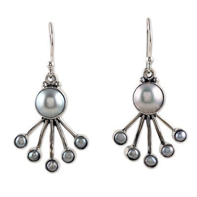 Cultured pearl dangle earrings, 'Sea Crown' - Modern Sterling Silver Dangle Earrings with Cream Pearls
