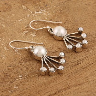Cultured pearl dangle earrings, 'Sea Crown' - Modern Sterling Silver Dangle Earrings with Cream Pearls