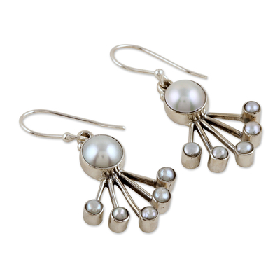 Ohrhänger aus Zuchtperlen, „Sea Crown“ – moderne Ohrhänger aus Sterlingsilber mit cremefarbenen Perlen