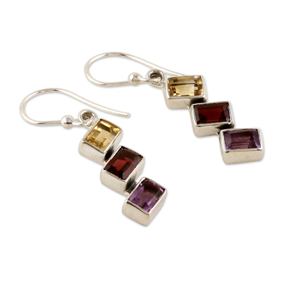 Multi-gemstone dangle earrings, 'Dazzling Ladders' - Geometric Multi-Gemstone Dangle Earrings Totaling 3 Carats