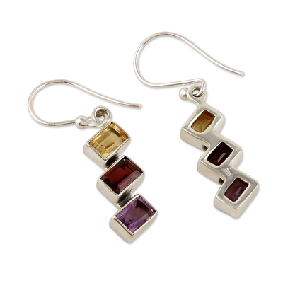 Multi-gemstone dangle earrings, 'Dazzling Ladders' - Geometric Multi-Gemstone Dangle Earrings Totaling 3 Carats