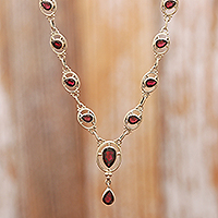 Garnet Y-necklace, 'Passion Soirée' - 13-Carat Pear-Shaped Natural Garnet Y-Necklace from India