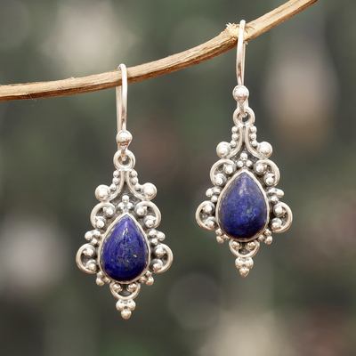 Lapis lazuli dangle earrings, 'Royal Core' - Baroque-Inspired Dangle Earrings with Lapis Lazuli Stones