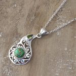 Peridot pendant necklace, 'Lagoon Harmony' - Faceted Peridot and Composite Turquoise Pendant Necklace