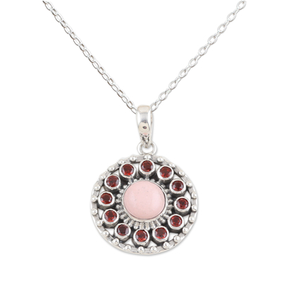 Opal and garnet pendant necklace, 'Hope of the Persevering' - Opal and Garnet Sterling Silver Pendant Necklace from India