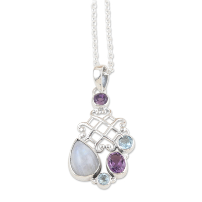 Multi-gemstone pendant necklace, 'Blue Realm' - Sterling Silver Pendant Necklace with Multiple Gemstones