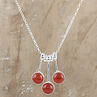 Carnelian pendant necklace, 'Fiery Dangle' - Modern Sterling Silver Pendant Necklace with Carnelian Gems