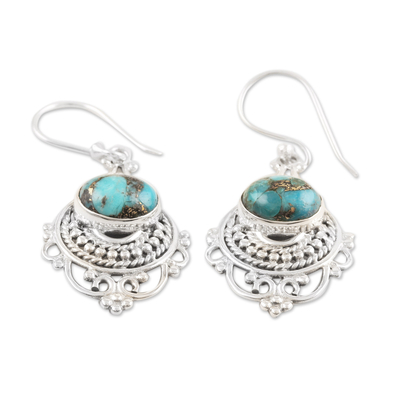 Sterling silver filigree dangle earrings, 'Lagoon Joy' - Traditional Dangle Earrings with Composite Turquoise Jewels