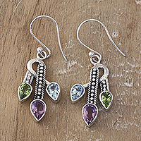 Multi-gemstone dangle earrings, 'Precious Knots' - 3-Carat Multi-Gemstone Dangle Earrings Crafted in India