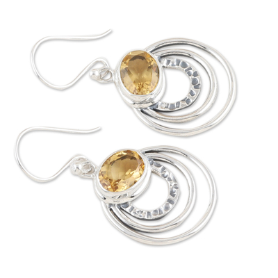 Citrine dangle earrings, 'Optimistic Orbits' - Modern Polished Dangle Earrings with 3-Carat Citrine Gems