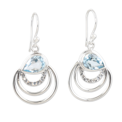 Blue topaz dangle earrings, 'Loyal Orbits' - Modern Polished Dangle Earrings with 4-Carat Blue Topaz Gems