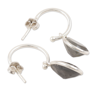 Onyx half-hoop earrings, 'Fabulous Guardian' - Sterling Silver Half-Hoop Earrings with Labradorite Gemstone