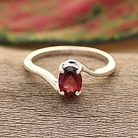 Garnet single stone ring, 'Crimson Radiance' - Sterling Silver Single Stone Ring with One-Carat Garnet Gem