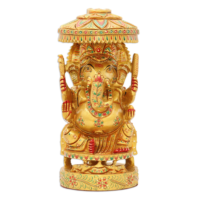 Wood sculpture, 'Ganesha's Parasol' - Hand-Painted Traditional Ganesha Sculpture Crafted in India