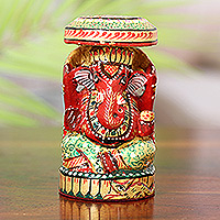 Wood magnet, 'Crimson Ganesha' - Hand-Painted Crimson Ganesha Kadam Wood Magnet
