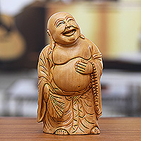 Wood sculpture, 'The Master's Laughter' - Hand-Carved Kadam Wood Sculpture of Laughing Buddha