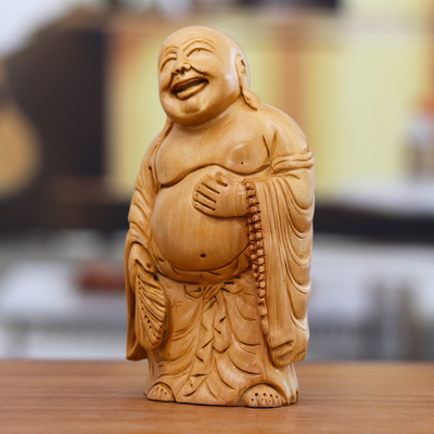 Escultura de madera - Escultura de madera de Kadam tallada a mano de Buda que ríe
