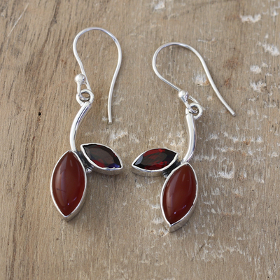 Carnelian and garnet dangle earrings, 'Romance Leaf' - Leafy Dangle Earrings with Carnelian and Garnet Jewels