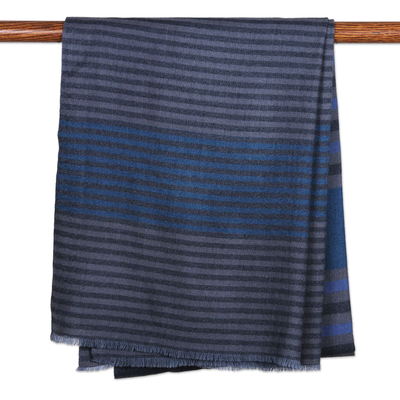 Wool scarf, 'Blue Warmth' - Handloomed Striped Wool Scarf in Blue and Onyx Hues