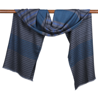 Wool scarf, 'Blue Warmth' - Handloomed Striped Wool Scarf in Blue and Onyx Hues