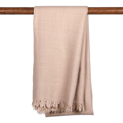 Wool scarf, 'Intense Champagne' - Champagne Wool Scarf with Fringes Handloomed in India