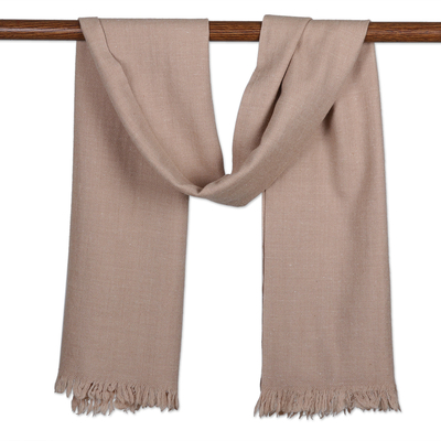 Wool scarf, 'Intense Champagne' - Champagne Wool Scarf with Fringes Handloomed in India