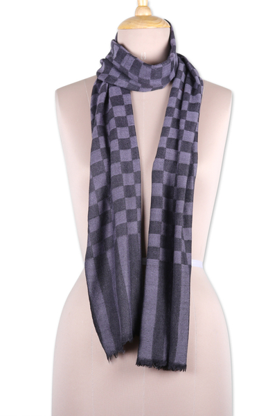 Wool scarf, 'Timeless Lavender' - Handloomed Checkered Wool Scarf in Onyx and Lavender