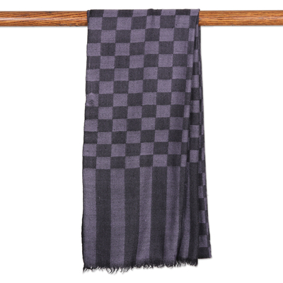 Wool scarf, 'Timeless Lavender' - Handloomed Checkered Wool Scarf in Onyx and Lavender