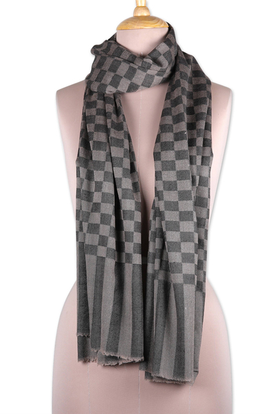 Wool scarf, 'Timeless Taupe' - Handloomed Checkered Wool Scarf in Onyx and Light Taupe