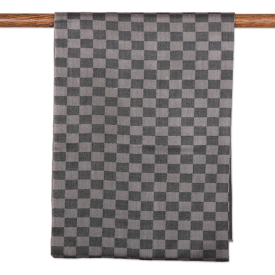Wool scarf, 'Timeless Taupe' - Handloomed Checkered Wool Scarf in Onyx and Light Taupe