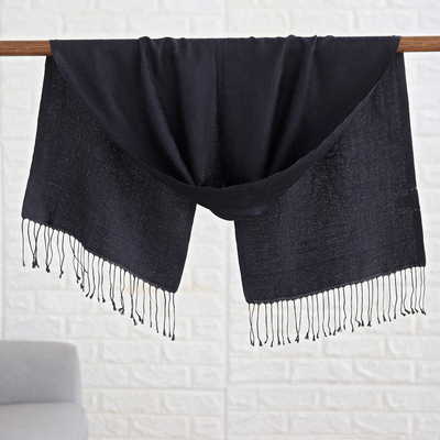Silk scarf, 'Onyx Magic' - Solid Black Silk Scarft with Dangling Fringes Made in India