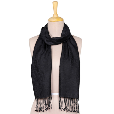 Silk scarf, 'Onyx Magic' - Solid Black Silk Scarft with Dangling Fringes Made in India