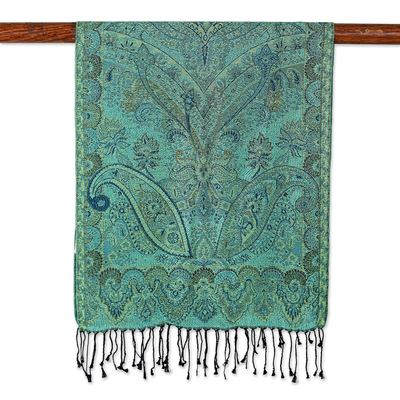 Reversible jamawar silk scarf, 'Magical Garden' - Woven Reversible Jamawar Fringed Silk Scarf in Turquoise