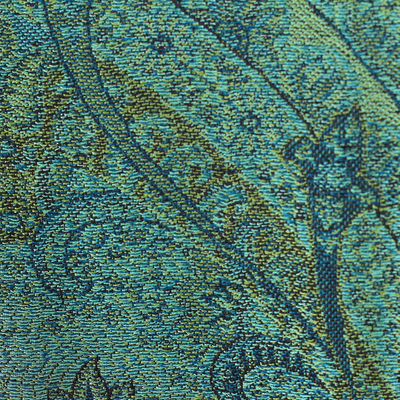 Reversible jamawar silk scarf, 'Magical Garden' - Woven Reversible Jamawar Fringed Silk Scarf in Turquoise
