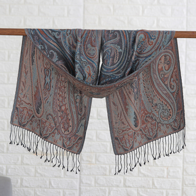 Silk scarf, 'Serene Paisley Facets' - Paisley and Leafy Turquoise and Beige Silk Scarf from India