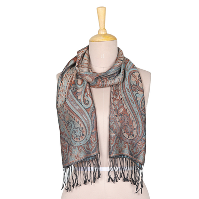 Silk scarf, 'Serene Paisley Facets' - Paisley and Leafy Turquoise and Beige Silk Scarf from India