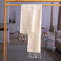 Reversible jamawar silk scarf, 'Magical Beige' - Woven Reversible Jamawar Fringed Silk Scarf in Beige & Ivory