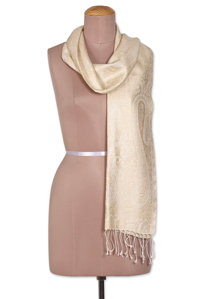 Reversible jamawar silk scarf, 'Magical Beige' - Woven Reversible Jamawar Fringed Silk Scarf in Beige & Ivory