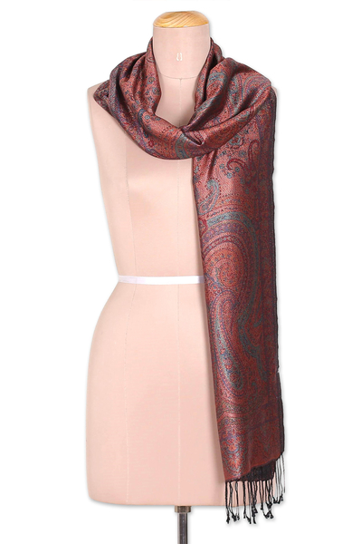 Reversible jamawar silk scarf, 'Magical Paisley' - Reversible Jamawar Fringed Silk Scarf in Red Woven in India