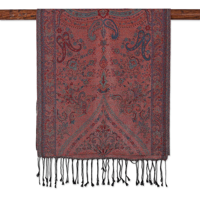 Reversible jamawar silk scarf, 'Magical Paisley' - Reversible Jamawar Fringed Silk Scarf in Red Woven in India