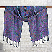Silk scarf, 'Azure Eden' - Traditional Paisley Silk Scarf in Blue and Purple Hues