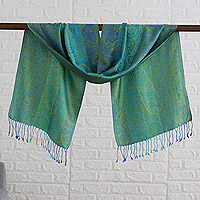 Silk scarf, 'Green Heaven' - Green and Turquoise Silk Scarf with Leafy and Classic Motifs