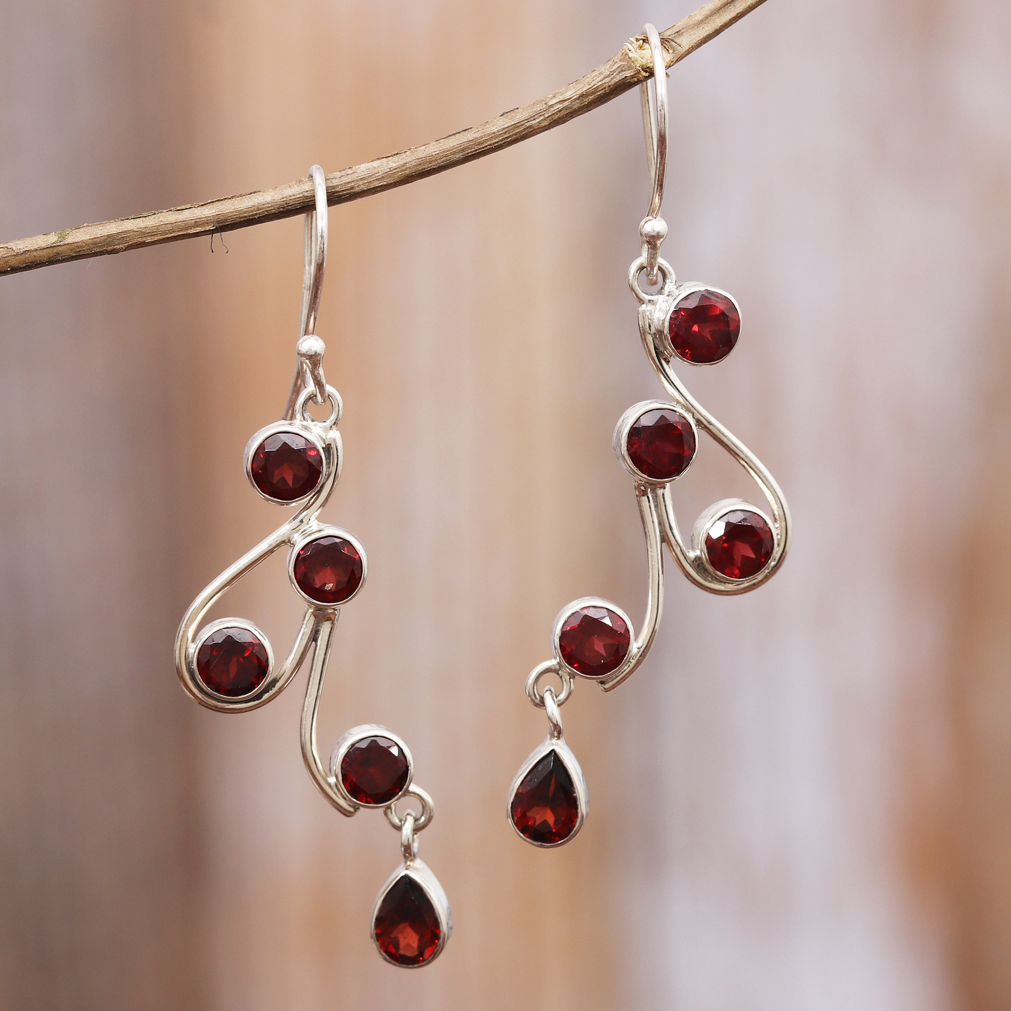 Natural Garnet and Scrolling Sterling Silver Dangle Earrings, 'Dancing  Passion